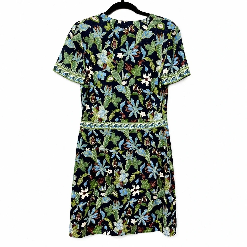 Tory Burch Navy Floral 95% Silk 5% Spandex V-Neck Shift Dress Size 4 52151443